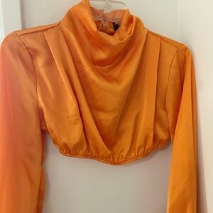Pretty Little Thing PLT Satin High Neck Balloon Sleeve Shirt Orange Size 00 NWT